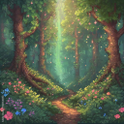 Pixel art forest path with blooming flowers and towering trees.