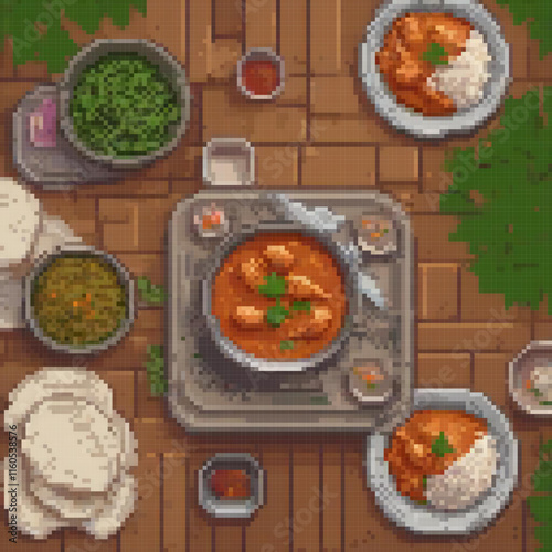 Pixel art of a bustling table brimming with delicious food.