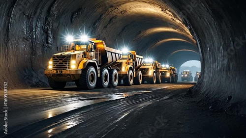 Heavy Mining Trucks in Underground Tunnel with Bright Headlights and Industrial Setting

 photo