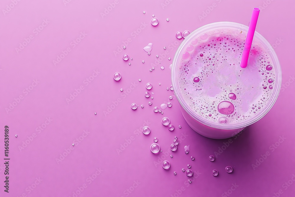 Pink Bubble Drink in a Clear Cup with Droplets on a Purple Background - Space for Text Pink Bubble Drink in a Clear Cup with Droplets on a Purple Background - Space for Text