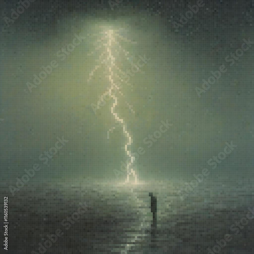 Pixel art depicting a man amidst a stormy sea, struck by lightning.