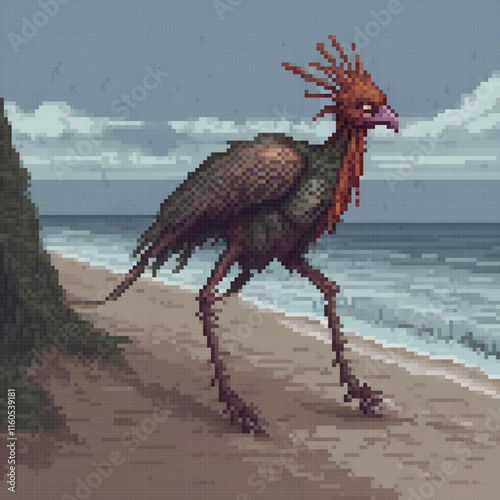 Pixel art of a bird strolling on a sandy beach by the sea.