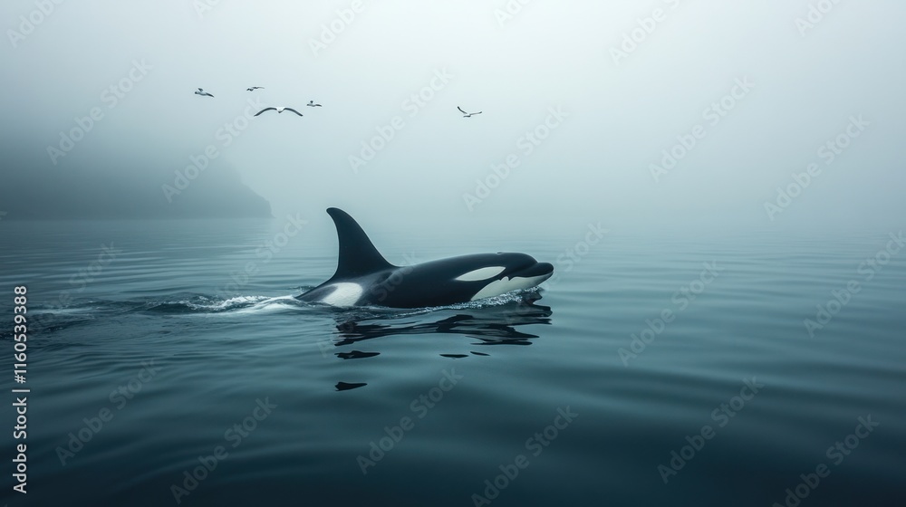 Fototapeta premium Orca whale surfacing in foggy ocean.