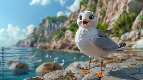 Cute cartoon seagull by the sea.