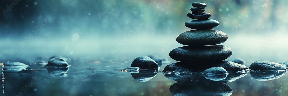 Balanced Rocks on Shore for Meditation and Self-Care, Web Banner with Copy Space Balanced Rocks on Shore for Meditation and Self-Care, Web Banner with Copy Space