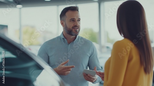 Vehicle trade-in consultation overview. Featuring a dealer assisting a customer with choices