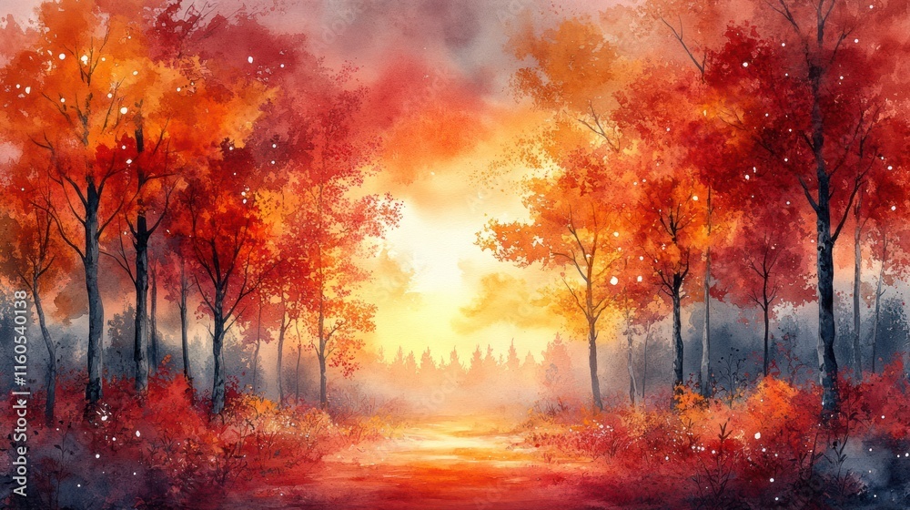 Magical autumn forest path at sunset. Magical autumn forest path at sunset.
