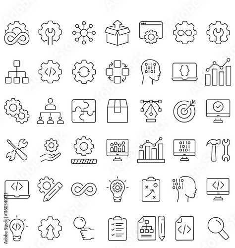 DevOps methodology and software development concept editable stroke outline icons set isolated on white background flat vector illustration