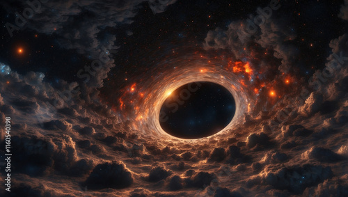 An Intriguing 3D Illustration of a Black Hole with Stars and Clouds photo