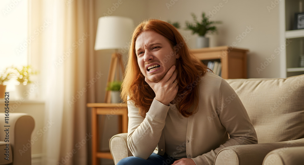 Woman Experiencing Sore Throat Pain Sitting On Beige Sofa Indoor Setting Woman Experiencing Sore Throat Pain Sitting On Beige Sofa Indoor Setting