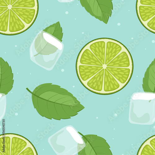 Seamless pattern with lime, mint and ice on blue background. Colorful summer pattern with fresh citrus fruit.