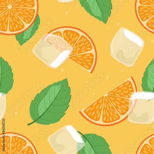Seamless pattern with oranges, mint and ice on orange background. Colorful summer pattern with fresh citrus fruit.