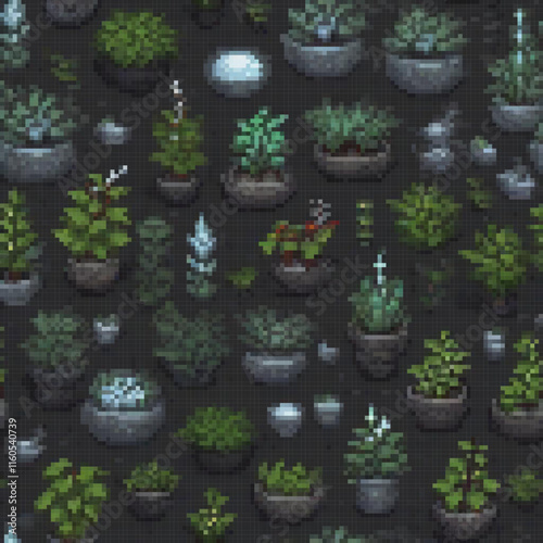 Pixel art of vibrant potted plants on a sleek black backdrop.