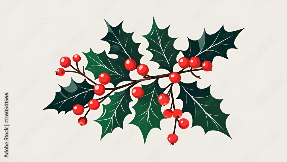 Fototapeta premium Holly Branch with Red Berries and Dark Green Leaves