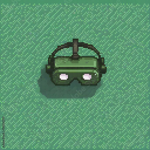 Retro pixel art of a stylish green box with a quirky pair of glasses perched on top.