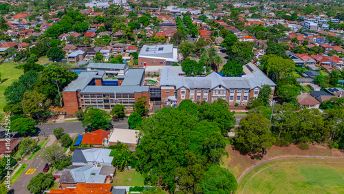 Panorama aerial drone view of western Sydney Suburbs of Canterbury Burwood Ashfield Marrickville Campsie with Houses roads and parks in Sydney New South Wales NSW Australia photo