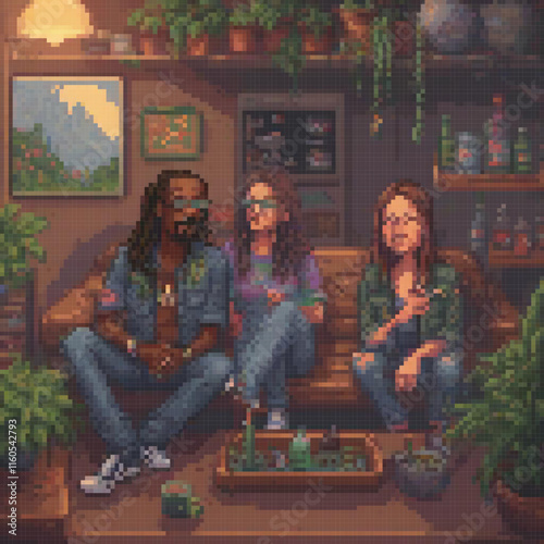 Pixel art depicts friends relaxing on a couch in a cozy living room setting.