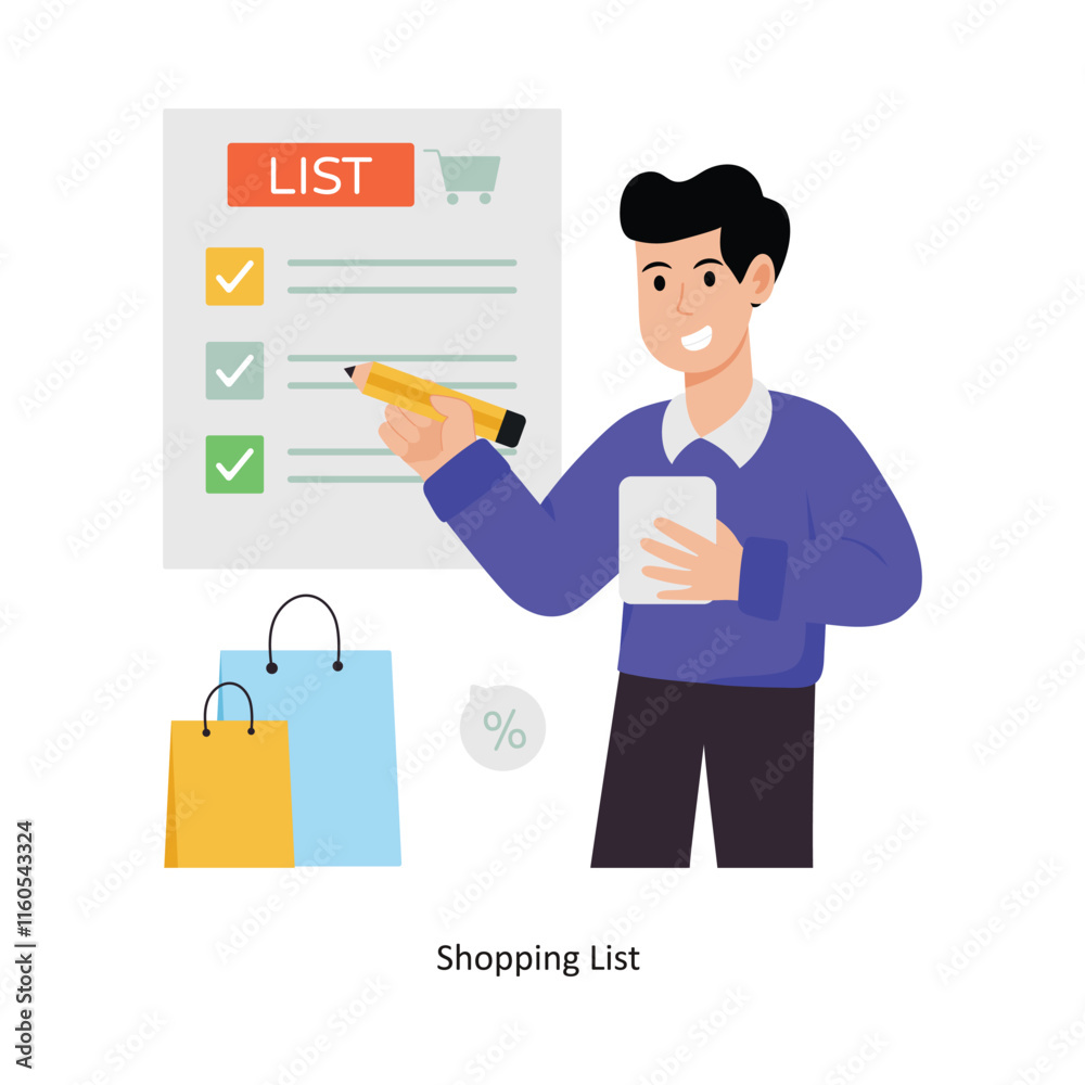 Shopping List concept vector illustration. Shopping and Sale isolated On white Background. Shopping List concept vector illustration. Shopping and Sale isolated On white Background.