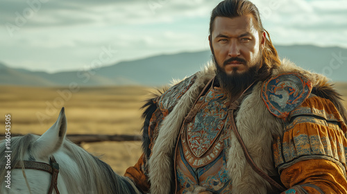 Powerful Tatar-Mongol warrior adorned in traditional attire is poised on horseback against a vast steppe landscape