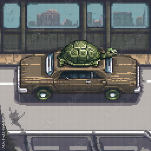 Pixel art of a turtle driving a car on a bustling city street.