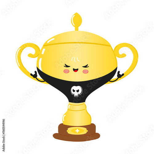 Cute cartoon Golden trophy cup character with a skull shirt and playful pose. Vector hand drawn cartoon kawaii character illustration icon. Isolated on white background. Golden trophy cup heavy metal