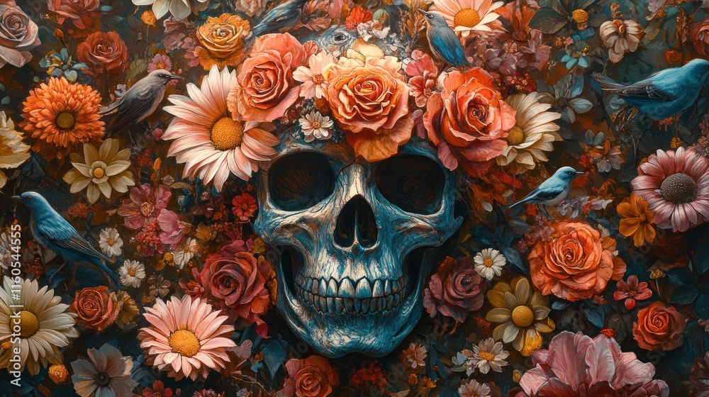 Naklejka premium Ornate skull adorned with vibrant flowers and birds.