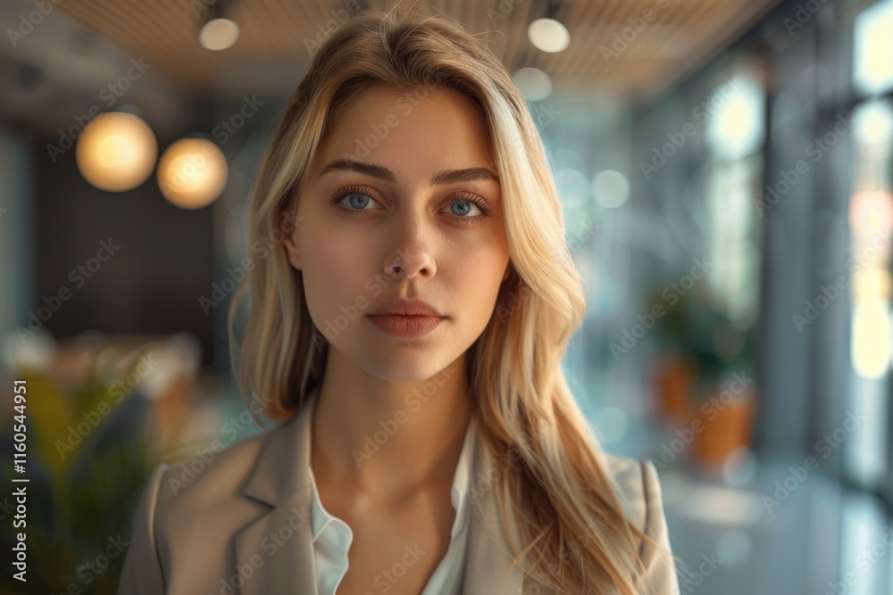 Obraz premium Modern business woman in office with copy space.