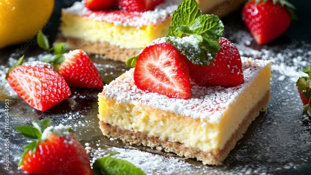 Strawberries lemon cheesecake bars topped with mint, powdered sugar, and fresh strawberries
Strawberries lemon cheesecake bars topped with mint, powdered sugar, and fresh strawberries