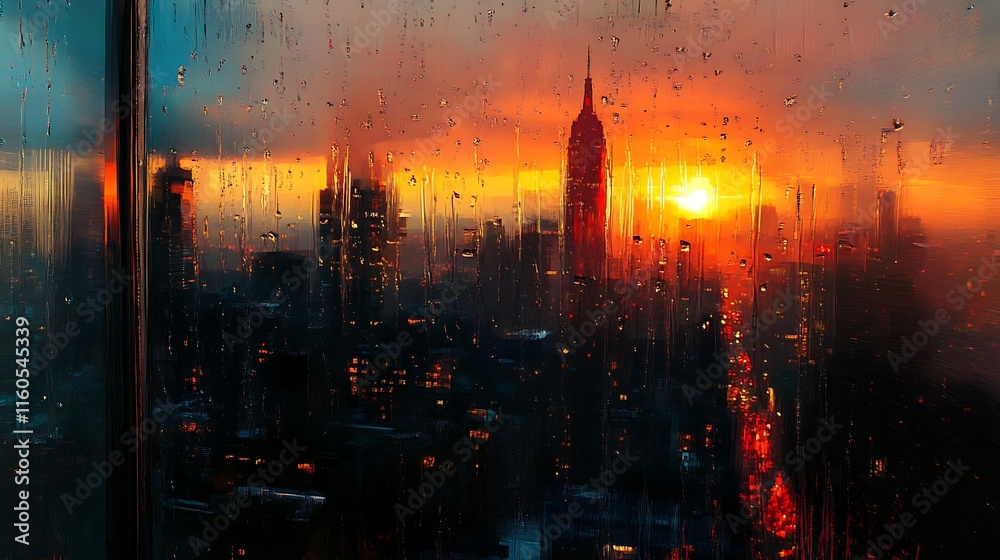 Obraz premium Rainy sunset cityscape view from window.