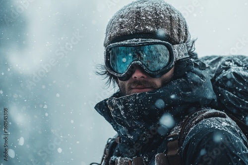Wallpaper Mural Adventurous explorer in red jacket and snow goggles enduring a fierce snowstorm in a remote winter landscape Torontodigital.ca