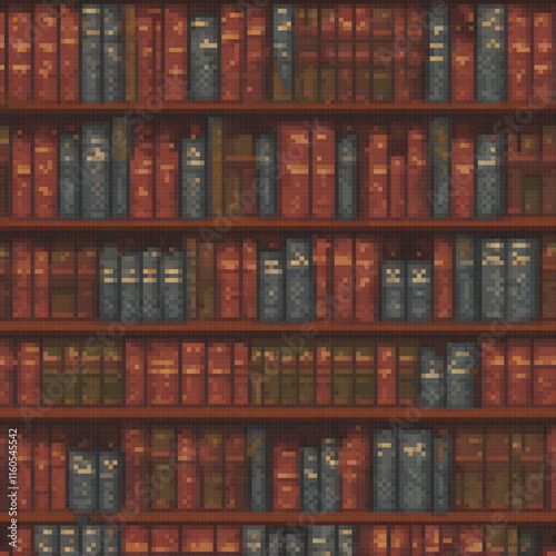Pixel art of an antique bookshelf brimming with classic literature.
