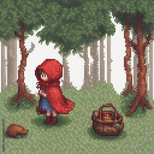 Pixel art of Little Red Riding Hood exploring the enchanted woods.