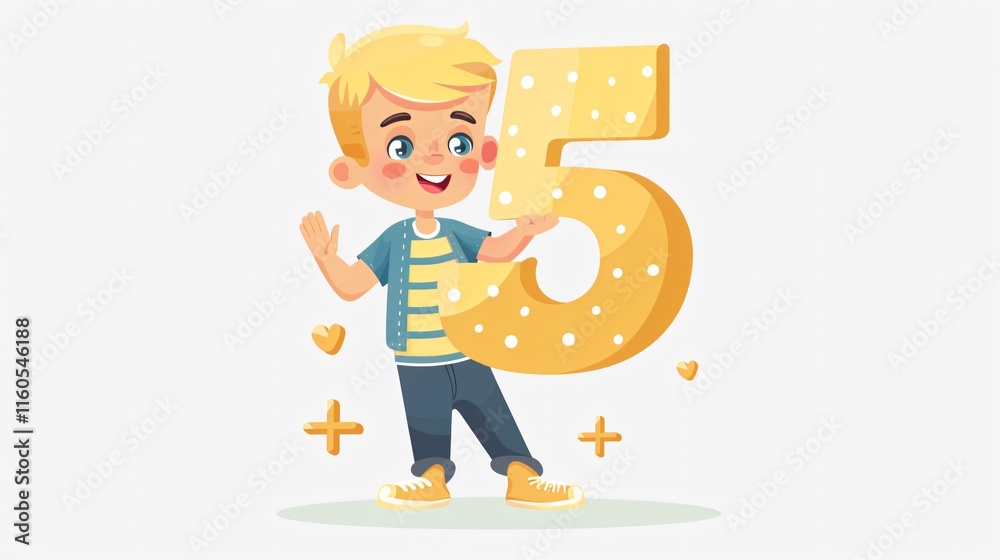 Happy Blonde Boy Holding Number Five - Joyful Child Portrait Happy Blonde Boy Holding Number Five - Joyful Child Portrait