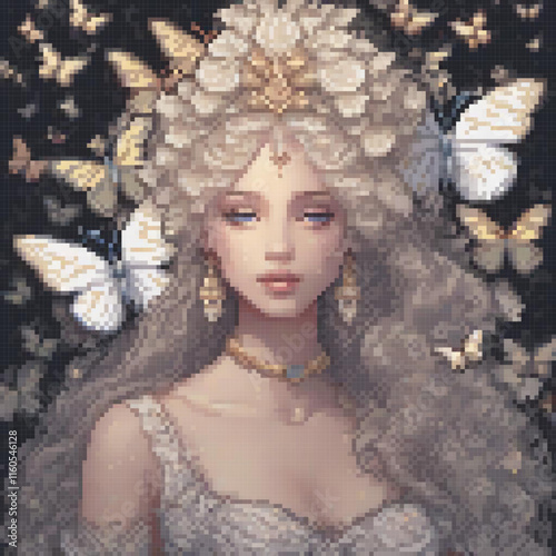 Stunning pixel art of a woman with flowing hair and butterflies adorning her head.