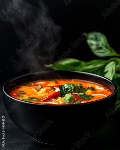 Kimchi seafood soup with Korea s coastal landscapes, fermented ocean flavors, warming gut health photo