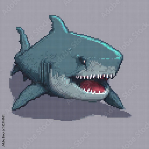 A vintage pixel art shark, ready to dive with its mouth agape.