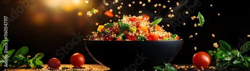 Locallygrown quinoa salad with a bustling Bolivian market, South American ecofood, heritage bold tastes photo