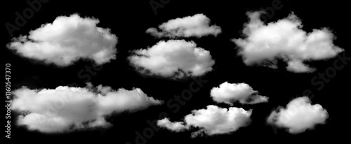 Isolated cloud collection on black background. Set of different types of clouds. Design. Fog. Haze. Clouds. Abstract clouds. Fog over the sky. Fluffy white cloud texture.