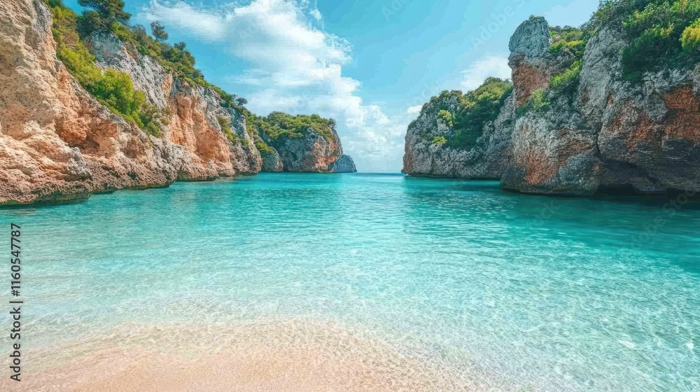 Fototapeta premium Stunning turquoise cove with cliffs and sandy beach. Picturesque Mediterranean beach.