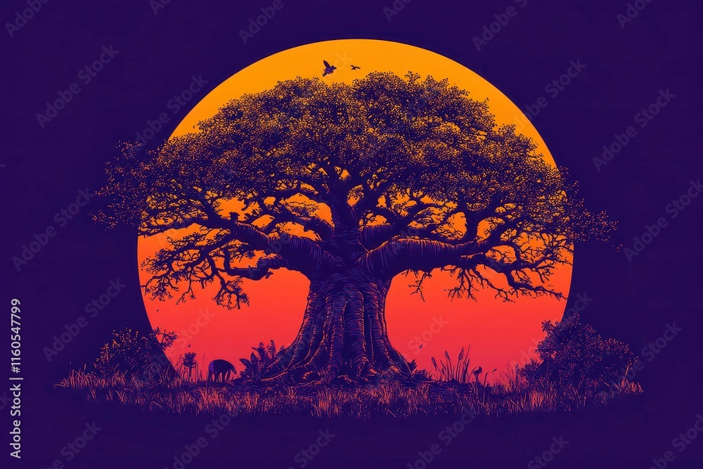 A majestic tree silhouetted against a vibrant sunset, evoking tranquility and nature's beauty. A majestic tree silhouetted against a vibrant sunset, evoking tranquility and nature's beauty.