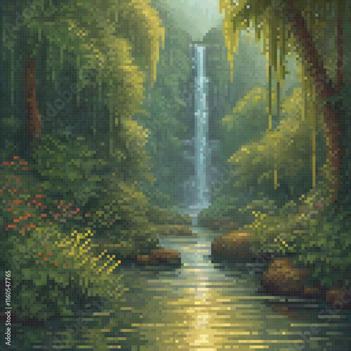 Pixel art forest waterfall masterpiece