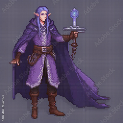 Pixel art of a heroic man in a purple robe wielding a sword.