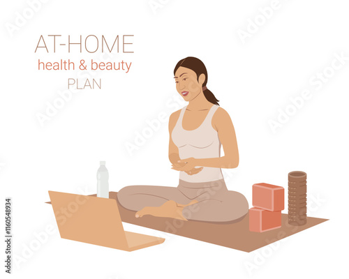 At-home health and beauty plan conception. Create your body, take care of your health and beauty at home with personal trainer online. Online platform for wellness programs. Flat vector illustration