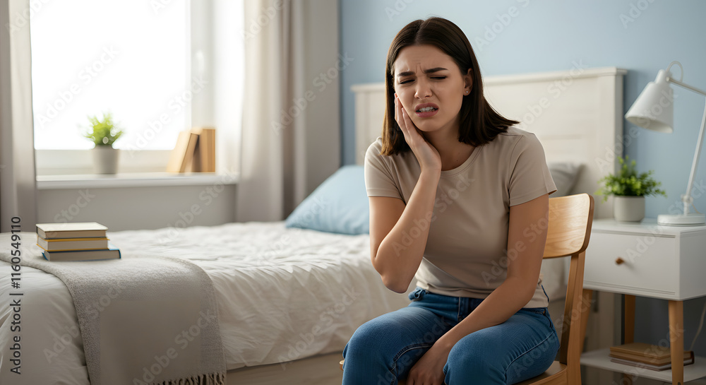 Woman Experiencing Toothache Sitting Chair Bedroom Setting Woman Experiencing Toothache Sitting Chair Bedroom Setting