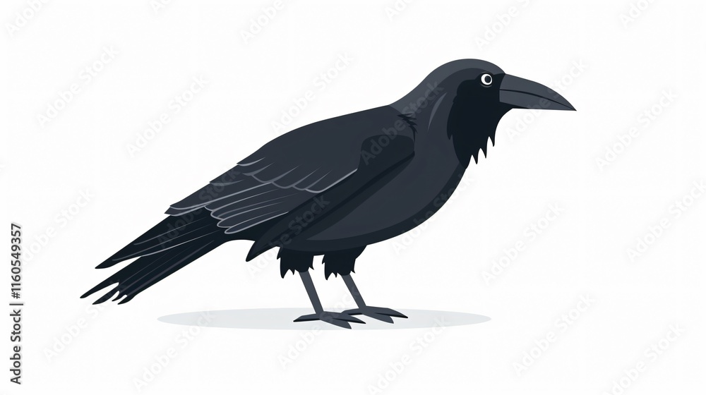 Obraz premium Black Raven Crow Bird Cartoon Style Flat Side View Image