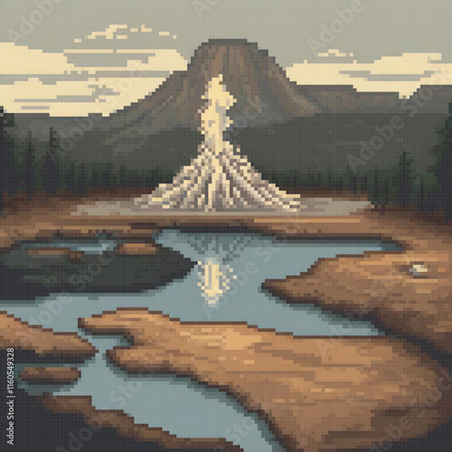 Pixel art volcano surrounded by serene lake