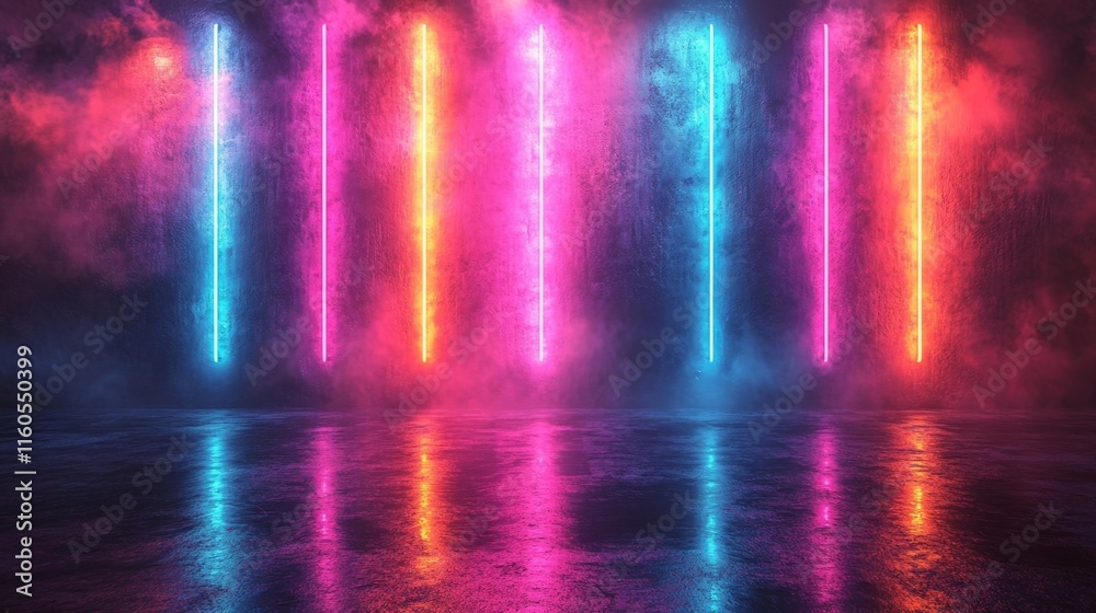 Neon Light Frames on Reflective Dark Background. Generative AI Neon Light Frames on Reflective Dark Background. Generative AI
