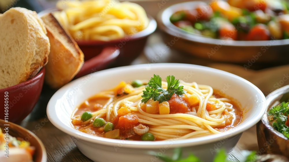 Cozy Rustic Table Setting with Spaghetti and Bread Cozy Rustic Table Setting with Spaghetti and Bread