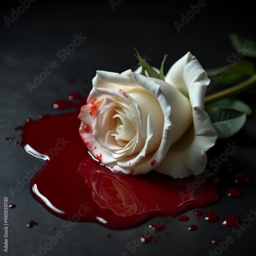 a white rose laying in a puddle or pool of blood. black background. dripping blood on the rose white petals. grief, murder, treason	