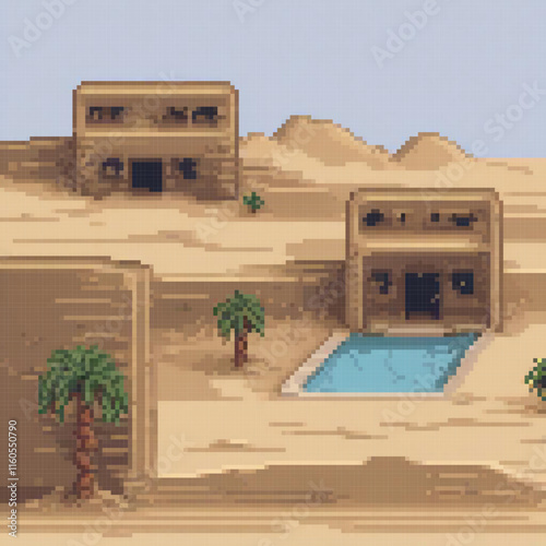 Pixel art desert oasis with a refreshing swimming pool.